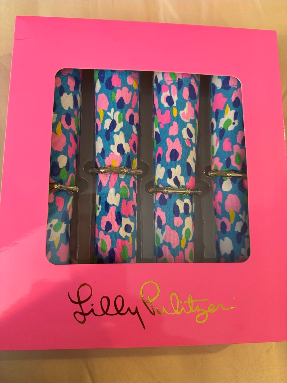 Lilly Pulitzer Blue Colorful Multi Leopard Print Napkin Set- linens and rings